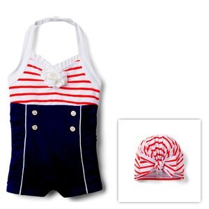 Janie and Jack Colorblocked Striped Halter Swimsuit and Matching Cap NWT